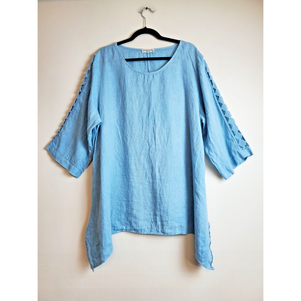 Light Blue Women's Linen Tunic with Crochet Sleeve Detail - Picture 13 of 13